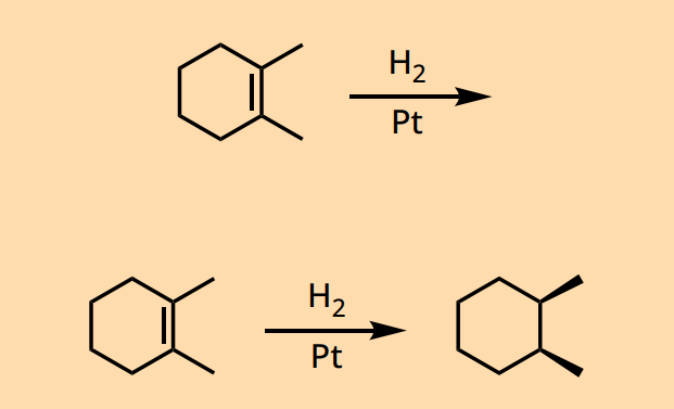 <ul><li><p>sterochemistry: Syn addition</p><ul><li><p>converts alkene → alkane</p></li><li><p>both enantiomers form if chiral center is present</p></li></ul></li><li><p>reagents: H<sub>2</sub> + metal catalyst (Pd, Pd/C, Pt)</p></li></ul><p></p>