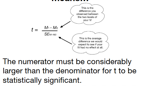 <p>T is a value which takes the mean difference, and divides it by the error we make due to chance when we use <span style="background-color: transparent;">(<em>M<sub>1</sub> </em>-<em> M<sub>2</sub></em>)<em> to estimate µ<sub>M1-M2.</sub></em></span></p>