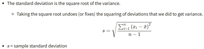 <p>Measure of variation in the same units as the mean/variable; square root of the variable</p>