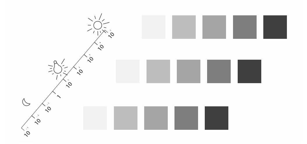 <p>• Lightness of real objects illuminated in a natural environment is largely independent of the overall level of illumination </p><p>• e.g. a book appears to have same lightnesses (print & page) under bright or dim light</p><ul><li><p>lightness = perceived reflectance </p></li></ul><p></p>