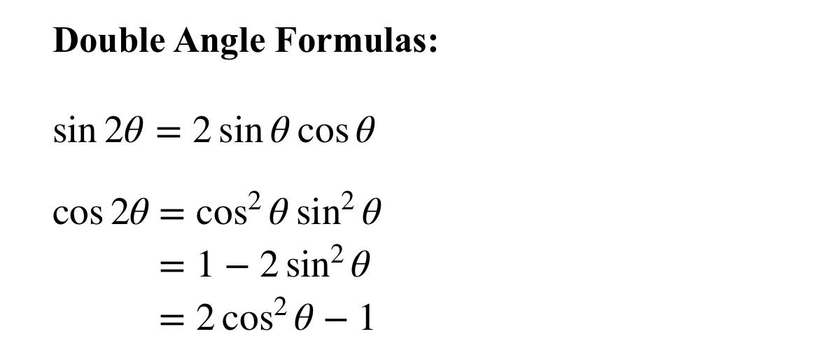 <p><span>Double-angle formulas are </span><mark>trigonometric identities that show how to find the trig values of twice an angle (2θ) using the single angle (θ)</mark> </p>