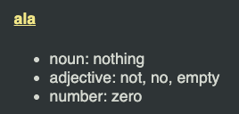 <p>Ex: mi moku <strong>ala</strong> e jan ante. I <strong>don’t</strong> eat other people.</p>