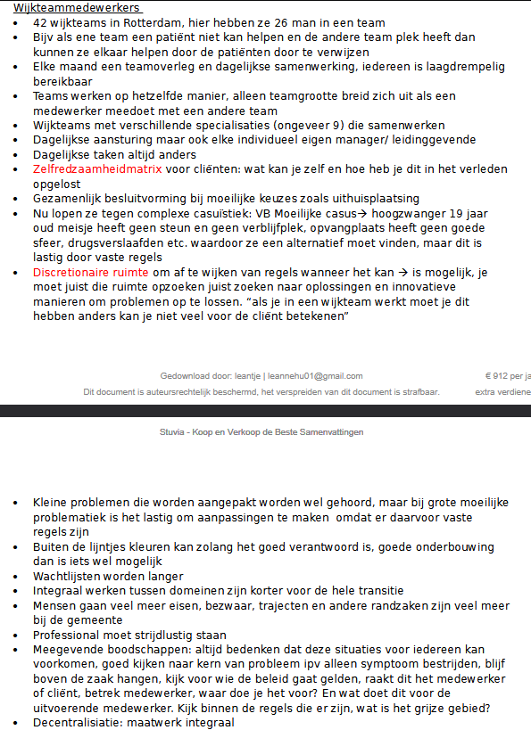 <ul><li><p>In Rotterdam zijn er 42 wijkteams. Elk team bestaat uit verschillende professionals met verschillende specialisaties die samenwerken om inwoners te ondersteunen. De teams werken op dezelfde manier, maar verschillen soms in grootte.</p></li><li><p>Wanneer een team geen plek of oplossing heeft voor een cliënt, kan een cliënt worden doorverwezen naar een ander wijkteam dat wel mogelijkheden heeft. Ook is er veel contact tussen de teams, bijvoorbeeld tijdens maandelijkse overleggen.<br></p></li><li><p>Samenwerking en besluitvorming</p></li><li><p>Binnen wijkteams werken professionals dagelijks samen. Iedereen is gemakkelijk bereikbaar en moeilijke situaties worden gezamenlijk besproken. Bij complexe casussen wordt samen gezocht naar de beste oplossing.</p></li><li><p>Een voorbeeld is een jongere zonder verblijfplaats waarvoor geen geschikte opvang beschikbaar is. In zulke situaties moeten professionals creatief nadenken en samenwerken om toch een passende oplossing te vinden.<br></p></li><li><p>Zelfredzaamheid van cliënten</p></li><li><p>Wijkteams proberen cliënten zo zelfstandig mogelijk te maken. Daarbij wordt gekeken naar wat iemand zelf kan en welke problemen iemand in het verleden al zelfstandig heeft opgelost. Dit wordt ondersteund met een zelfredzaamheidsmatrix.<br></p></li><li><p>Discretionaire ruimte</p></li><li><p>Professionals hebben soms ruimte om af te wijken van regels wanneer dit nodig is voor de cliënt. Dit noemen we discretionaire ruimte.</p></li><li><p>Het doel is om niet alleen regels te volgen, maar ook te zoeken naar innovatieve oplossingen die beter aansluiten bij de situatie van de cliënt. Wel moet dit altijd goed onderbouwd kunnen worden.<br></p></li><li><p>Uitdagingen in de praktijk</p></li><li><p>Kleine problemen kunnen vaak snel worden aangepakt, maar bij complexe problematiek wordt dit moeilijker doordat professionals gebonden zijn aan regels en procedures.</p></li><li><p>Daarnaast nemen de wachtlijsten toe en worden hulpvragen steeds complexer. Burgers stellen meer eisen en maken vaker bezwaar tegen beslissingen.<br></p></li><li><p>Wat vraagt dit van professionals?</p></li><li><p>Professionals moeten soms "strijdlustig" zijn en verder kijken dan alleen het zichtbare probleem. Ze moeten zoeken naar de achterliggende oorzaken van problemen en samenwerken met collega's en andere organisaties.</p></li><li><p>Daarbij moeten ze voortdurend afwegen:</p><ul><li><p>wat goed is voor de cliënt;</p></li><li><p>wat haalbaar is binnen de regels;</p></li><li><p>waar ruimte zit voor maatwerk.<br></p></li></ul></li><li><p>Kernboodschap</p></li><li><p>Integraal werken in wijkteams draait om samenwerking, maatwerk en het zoeken naar oplossingen die aansluiten bij de situatie van de cliënt. Professionals moeten hierbij balanceren tussen regels, samenwerking en de behoeften van de cliënt.</p></li></ul><p></p>