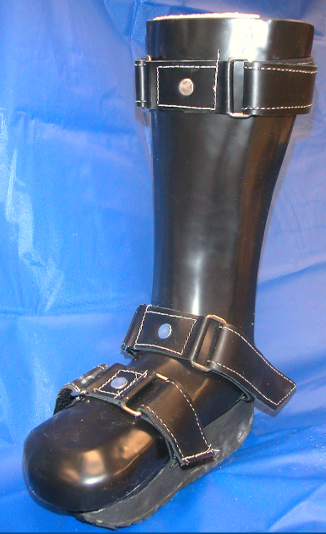 <p>Charcot resistant orthotic walker (CROW)</p><p>Custom fabricated</p><p>Total contact</p><ul><li><p>equivalent to total contact cast</p></li></ul><p>Rocker bottom sole</p>