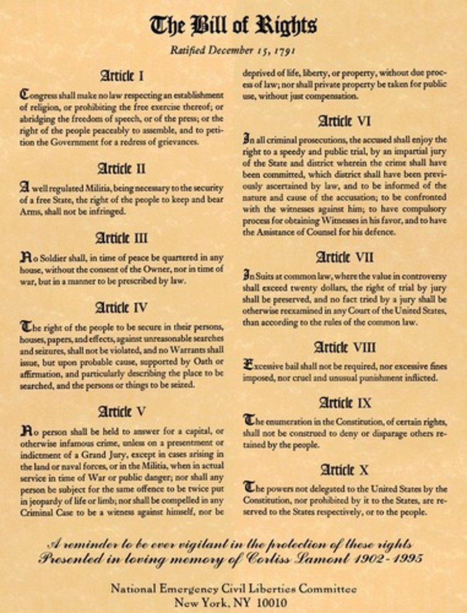 <p>The first ten amendments of the U.S. Constitution, containing a list of individual rights and liberties, such as freedom of speech, religion, and the press.</p>