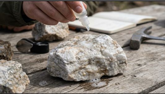 <p>What term/concept is being visualized in this image?</p><p>Definition: A metamorphic rock composed primarily of calcite, making it highly susceptible to dissolving when exposed to acid.</p>