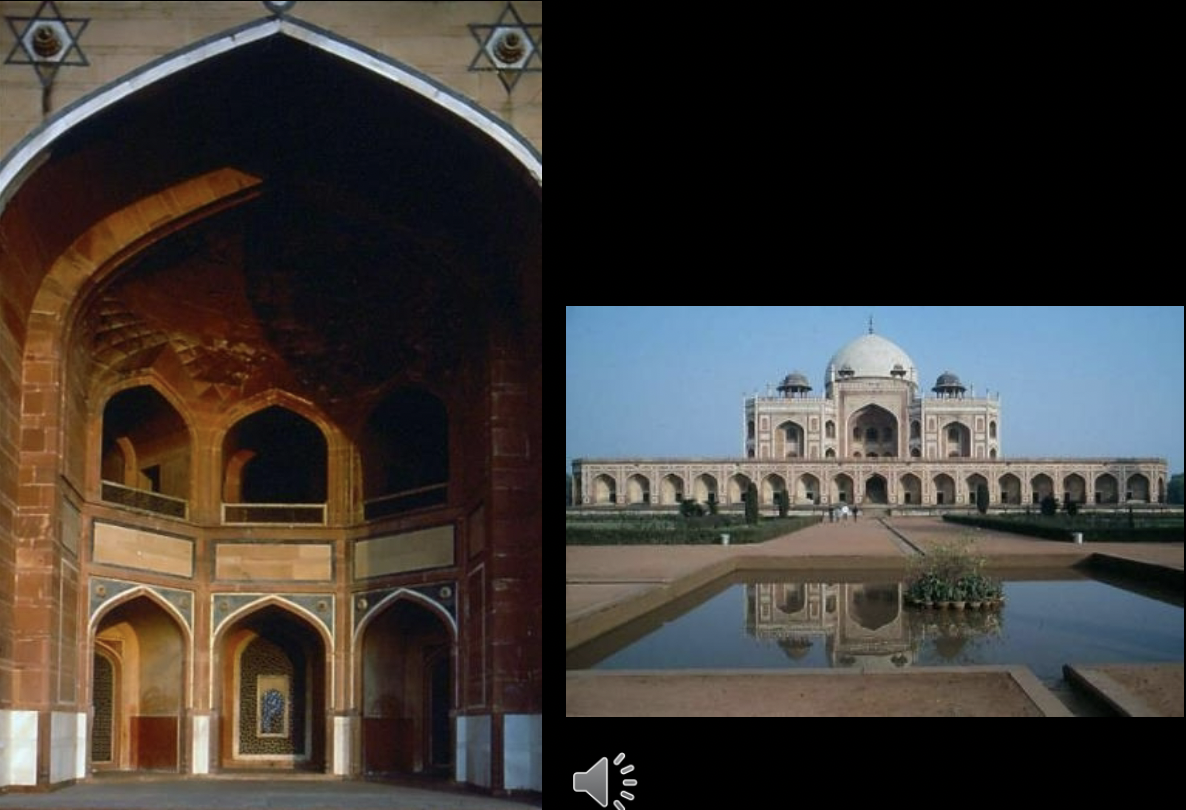<p>Humayun’s Tomb, Delhi, 16th century, Mughal</p><ul><li><p>built by son Akbar in collaboration with Humayun’s Widow</p></li><li><p>chahr bagh on a grand scale </p></li><li><p>first monumental Mughal Imperial Tomp, it represents Mughal authority and legitimacy, and also expresses connections betweeen Mughal dynasty and Timur</p></li><li><p>each chahr bagh quadrant is subdivided into 9 squares </p></li><li><p>water follows same path as pedestrian path </p></li><li><p>chadars and ornamental pools </p></li><li><p>Tomb = double-shell central dome, 8-part hesht behesht plan (timurid influence)</p></li><li><p>local red sandstone facade</p></li><li><p>chattris are indigenous Indic element </p></li><li><p>iwans on each face of tomb are Timurid Importation </p></li><li><p>jali- pierced stone screens</p></li><li><p>hizar (restricted space) tomb area </p></li></ul><p></p>