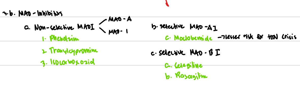 <p>Enumerate the ff:</p><ul><li><p class="has-focus">Non selective MAOIs</p></li><li><p class="has-focus">MAO-A inhibitors:</p></li><li><p class="has-focus">MAO-B inhibitors:</p></li></ul><p></p>
