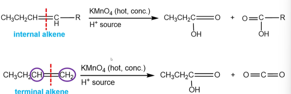 <p>This occurs only to <strong>internal </strong>alkenes. (alkenes with a carbons on either side of the alkenes. </p><p>It does the same <strong>ozynolysis reaction. </strong></p><p></p><p><strong>BUT </strong>if it is instead a terminal alkene (has a carbon attatched to an H) then instead it will turn the <strong>terminal carbon </strong>into <strong>CO2. </strong></p>
