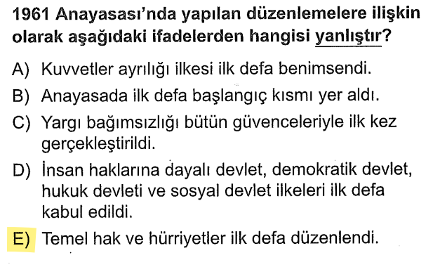<p>1961 Anayasası birçok yenilik getirse de temel hak ve hürriyetler ilk kez değil, Osmanlı'daki Kanun-ı Esasi'den beri tüm anayasalarda yer almıştır.</p>