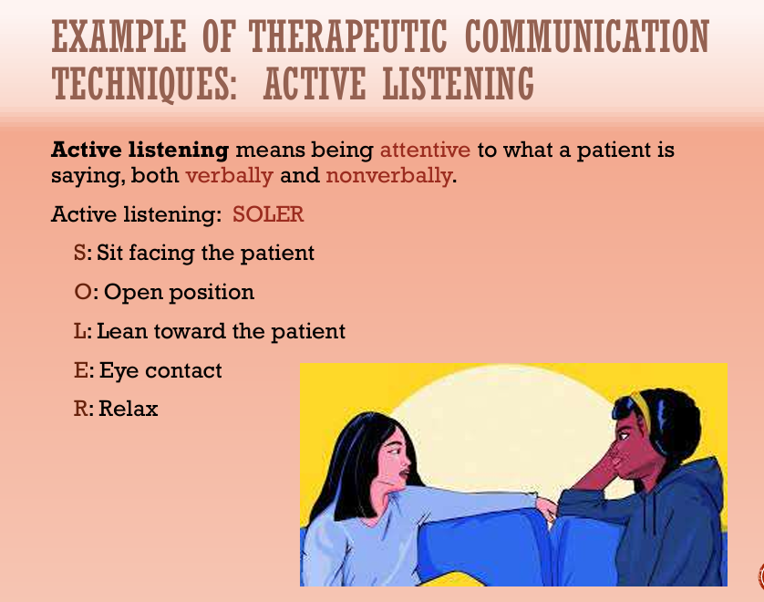 <p>During working phase</p><p>Example: <strong>Active listening</strong> SOLER</p><p><strong>S: </strong>Sit facing the patient</p><p><strong>O: </strong>Open position</p><p><strong>L: </strong>Lean toward the patient</p><p><strong>E: </strong>Eye contact</p><p><strong>R: </strong>Relax</p><p>Example: <strong>Empathy</strong></p><p>Example: <strong>Touch</strong></p><p>Example: <strong>Silence</strong></p>