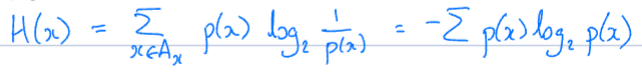 <ul><li><p>Formula</p><ul><li><p>sum of Shannon information with an additional p(x) term</p></li><li><p>x = event, A_x = set of events that can happen (all possible options)</p></li></ul></li><li><p>Entropy is a measure of uncertainty, unpredictability, or ‘surprise’ associated with a random variable’s possible outcomes</p></li></ul><ul><li><p>Higher entropy = lower predictability, lower entropy = more certain or biased system</p></li></ul><p></p>