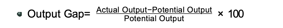<p>the difference between actual and potential output, measured as a percentage of potential output</p><ul><li><p><mark data-color="red" style="background-color: red; color: inherit;">negative output gap</mark>- the economy is producing less than it can </p><ul><li><p>bust</p></li><li><p>idle resources- workers cant find jobs, storefronts are shuttered, etc</p></li></ul></li><li><p><mark data-color="red" style="background-color: red; color: inherit;">positive output gap</mark>- the economy is producing more than its potential</p><ul><li><p>boom</p></li><li><p>unsustainable intensity possible for short time only</p></li></ul></li></ul><p></p>