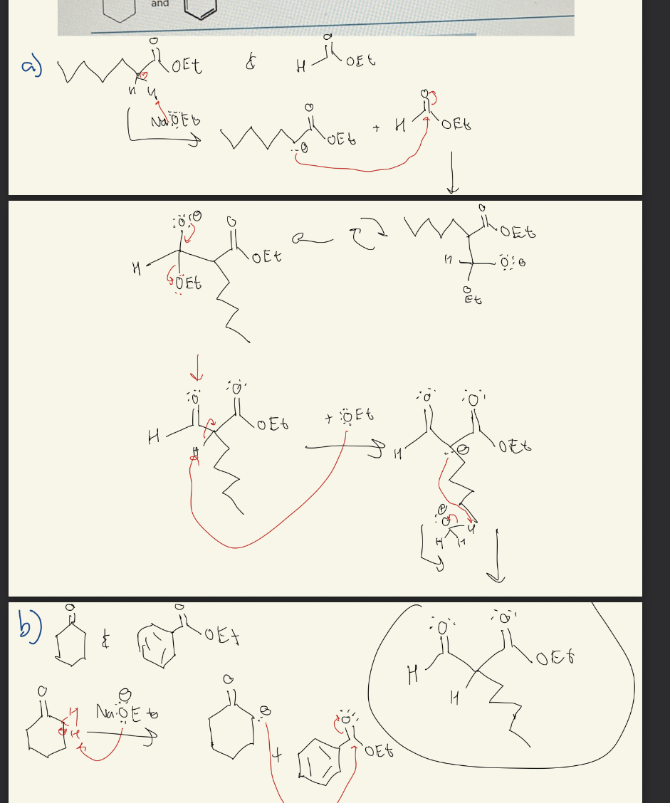 <p><strong><u>2 DIFFERENT </u>Esters → Beta-Keto Ester (1 Ester has NO alpha Hydrogens)</strong></p><p><strong>-1 Ester No Alpha Hydrogens → ELECTROPHILE</strong></p><p><strong>-1 Ester Has Alpha Hydrogens → NUCLEOPHILE </strong></p><p></p><p><strong><u>1 Ketone and 1 Ester</u></strong></p><p><strong>-Ketone → NUCLEOPHILE</strong></p><p><strong>-Ester → NO Alpha Hydrogens → ELECTROPHILE</strong></p><p></p><p><strong><u>Ethyl Chloroformate or Diethyl Carbonates as ELECTROPHILES</u></strong></p><p></p><p><strong>Cross Claisen Reaction</strong></p><p></p><p>-Make up to 4 products</p><p></p><p>-Best by converting 1 ester to enolate using LDA and then add 2nd ester</p><p>OR</p><p>-If One ester has 0 alpha hydrogens, it can’t be an enolate and it can only be attacked</p>