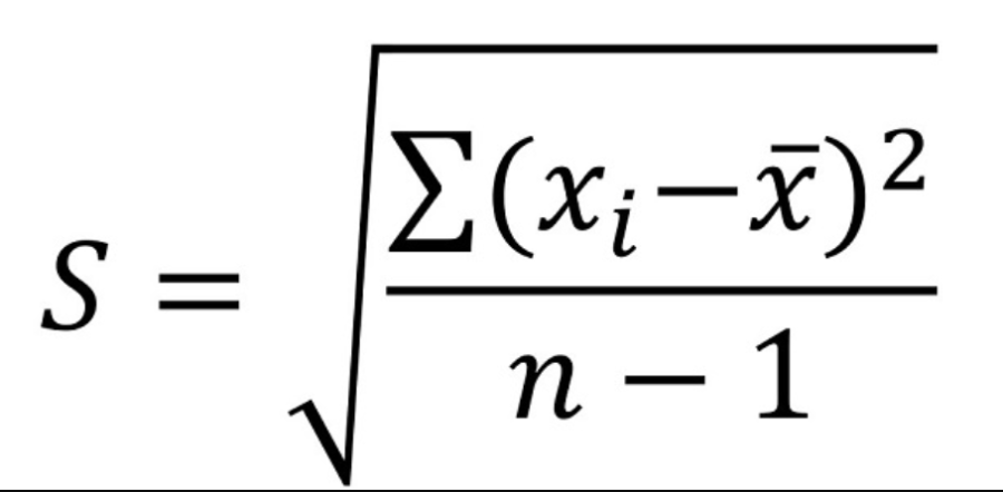 <p>estimated average of the deviations squared </p><ul><li><p>s² for sample variance (remember to n-1 in denominator)</p></li><li><p>σ² for population variance </p></li></ul><p></p><p><strong>square root of variance = standard deviation</strong></p><p>ex. s² = 6.28 in² ; s = 2.608 in</p><p>fish in sample can deviate from mean of 6 by an average of 2.608 inches </p><p></p>