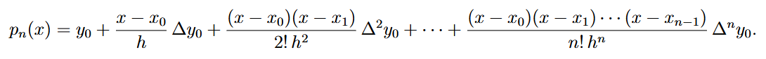 <p>h = x<sub>1 </sub>- x<sub>0 </sub></p><ul><li><p>assume evenly spaced</p></li></ul><p>Δ<sup>n</sup>y<sub>0</sub> = nth level of pascal’s triangle, with alternating + - + - </p><ul><li><p>ex.) Δ³y₀ = y₃ − 3y₂ + 3y₁ − y₀</p></li></ul><p>n = # of points - 1</p>