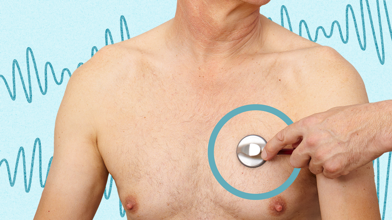 <p>Using a stethoscope to listen to sounds inside the body (without tapping)</p>