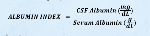 <p><strong><u>CSF protein : PROTEIN FRACTIONS</u></strong></p><ul><li><p>Evaluates the <span style="color: yellow;">integrity of the BBB</span></p></li></ul><p></p>