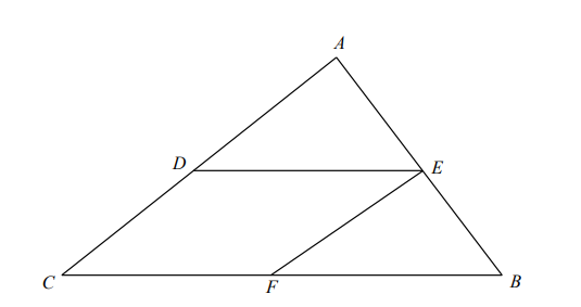 <p>ABC is a triangle.</p><p>CDEF is a parallelogram such that:</p><p>D is the midpoint of AC</p><p>E is the midpoint of AB</p><p>F is the midpoint of BC</p><p>Prove that triangle ADE is congruent to triangle BEF. [4 marks]</p>