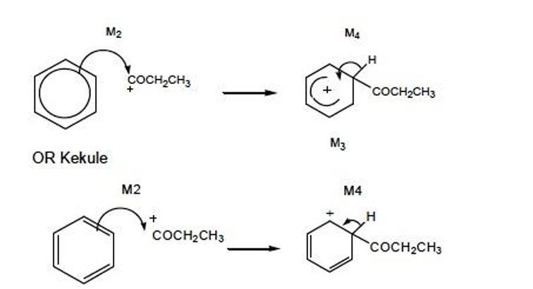 <p>AlCl<sub>3</sub> + CH<sub>3</sub>CH<sub>2</sub>COCl → CH<sub>3</sub>CH<sub>2</sub>-<sup>+</sup>C=O + AlCl<sub>4</sub> (1) </p>