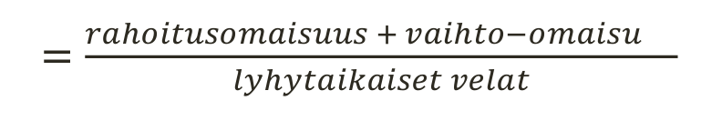 <p>rahoitusomaisuus + vaihtoomaisuus / lyhytaikaiset velat</p>