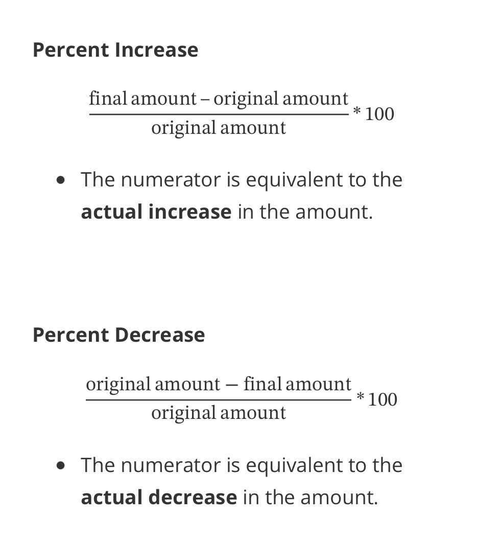 <p>percent increase</p><ul><li><p>final amount - original amount/ original amount * 100</p></li><li><p>The numerator is equivalent to the <u>actual increase</u> in the amount.</p></li></ul><p>percent decrease</p><ul><li><p>original amount - final amount/ original amount * 100</p></li><li><p>the numerator is equivalent to the <u>actual decrease</u> in the amount</p></li></ul><p></p>