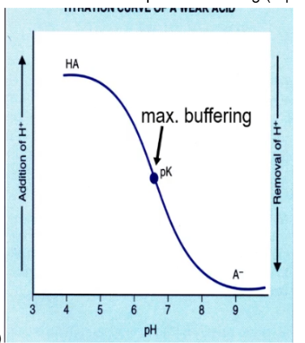 <p>pH where you maximal amount of proton buffering (equal amounts of A- and HA form of weak acid)</p>