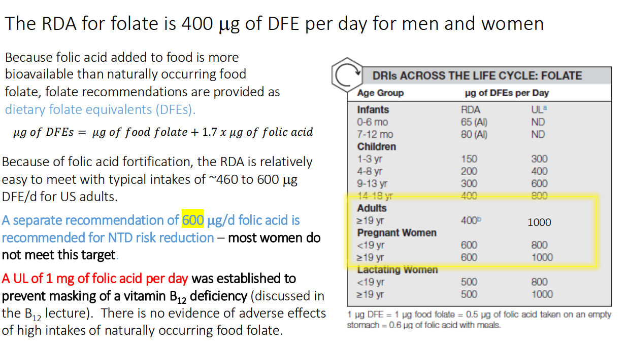 <p>vitamin B12 deficiency </p><ul><li><p>There is no evidence of adverse effects of high intakes of naturally occurring food folate</p></li></ul><p></p>