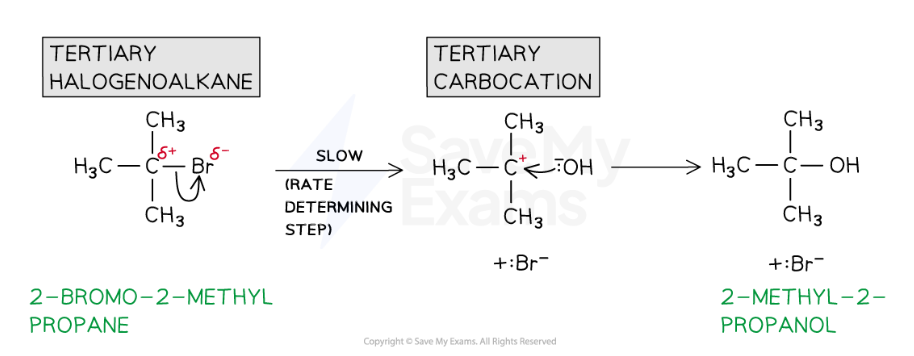 <p>2 STAGES, HUHU NHỚ ATVNCG QUÁ ĐI MẤT</p><p>First:</p><p>electrons → X</p><p>Second:</p><p>Nu → C+ (Trigonal Planar intermediate)</p><p>ions left…</p><p>Involves Carbocations which is stabilised by the inductive effect</p><p>=> Tertiary</p><p></p><p>*<strong>HIGHLY IMPORTANT</strong>!!!: first step, there’s might not be no attack</p>