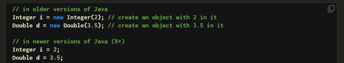 <p>A class that wraps (encloses) around a primitive data type and gives it an object appearance. </p><ul><li><p>The wrapper classes are part of the java.lang package, which is imported by default into all Java programs. </p></li><li><p>The Integer class and Double class are wrapper classes that create objects from primitive types of int and double respectively.</p></li></ul><p></p>