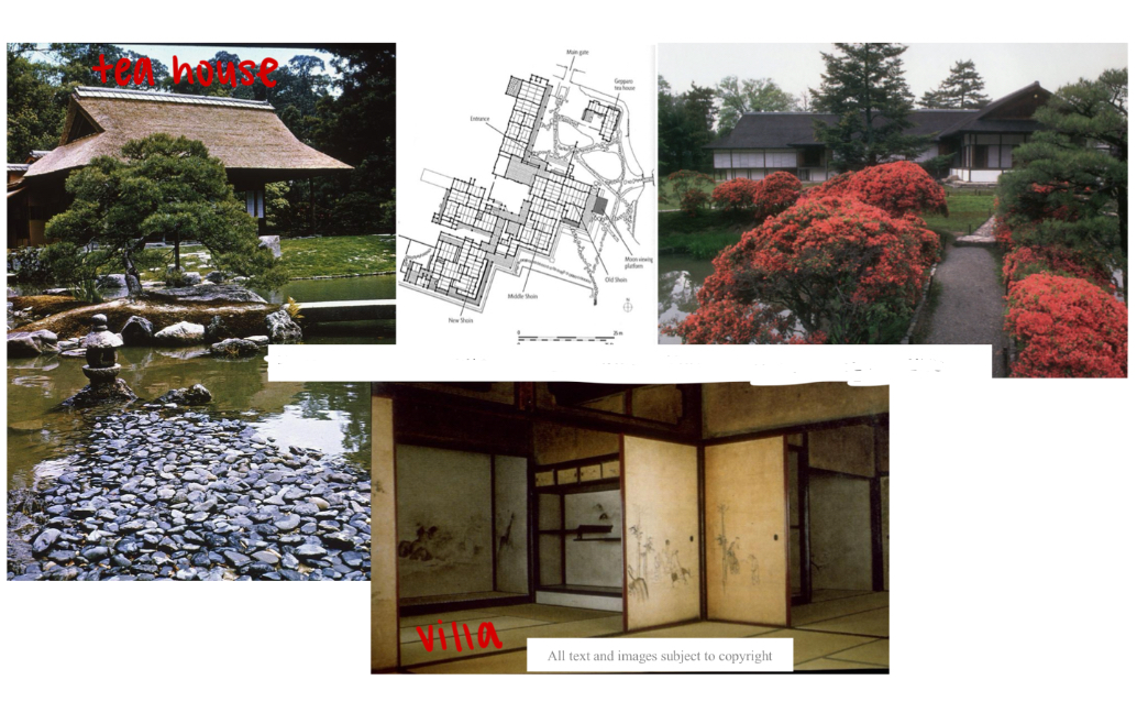 <p>[katsura] How does the design of the Katsura villa exemplify the Shoin style of interior (image at bottom center)?</p><p>What are three important characteristics?</p>