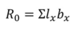 <p>The total number of female offspring that we expect an average female to produce over the course of her life </p><ul><li><p>Ro >1: increase </p></li><li><p>Ro =1: stable </p></li><li><p>Ro <1: decrease </p></li></ul><p></p>