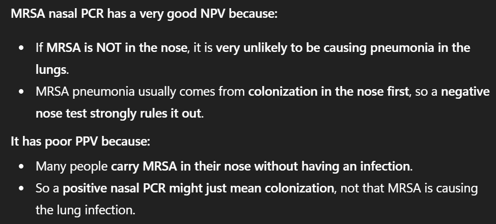 <p>99% neg predictive value bc if its  not in your nose its not in lungs </p><p></p><p>shitty PPV because its prob just in your  nose</p><p></p>