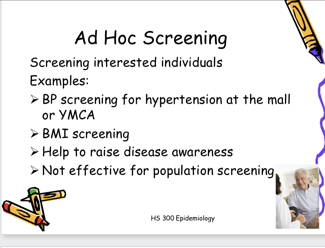 <p><span>1) The condition being screened for should be an important<br>health problem.<br>2) The natural history of the condition should be well<br>understood.<br>3) There should be a detectable early stage.<br>4) Treatment at an early stage should be of more benefit<br>than at a later stage.<br>5) A suitable test should be devised for the early stage.<br>6) The test should be acceptable to patient.<br>7) Adequate health service provision for the extra clinical<br>workload.<br>8) The costs should be balanced against the benefits</span></p><p>Recap: types of screening - Mass, Targeted, Ad hoc, and all of these can be a single test or multiphasic</p><img src="https://assets.knowt.com/user-attachments/e9c68e5b-182e-4d18-85ea-f7fd84440778.png" data-width="100%" data-align="center"><p></p>