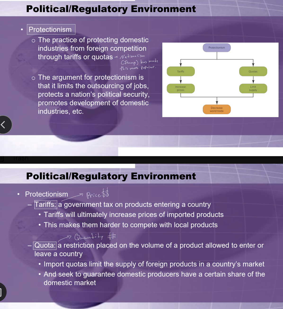 <ul><li><p>Protectionism is the practice of protecting domestic industries from foreign competition through tariffs or quotas. </p></li><li><p><strong>Arguments FOR</strong>: Limits outsourcing of jobs, protects the nation's political security, and promotes development of domestic industries. </p><ul><li><p><u>Tariffs</u> - Government tax on products entering the country, which increases the price of imports. </p><ul><li><p>Makes imports harder to compete with local products. </p></li></ul></li><li><p><u>Quotas</u> - Restriction on the volume of product allowed to enter/leave the country, which limits the supply of foreign products. </p><ul><li><p>Guarantees domestic producers a certain market share. </p></li></ul></li></ul></li></ul><ul><li><p><strong>Impact on Global Marketers</strong>: Must understand tariff/quota structures, as they may increase product costs and may require different market entry strategies. Affects pricing in different countries.</p></li></ul><p></p>