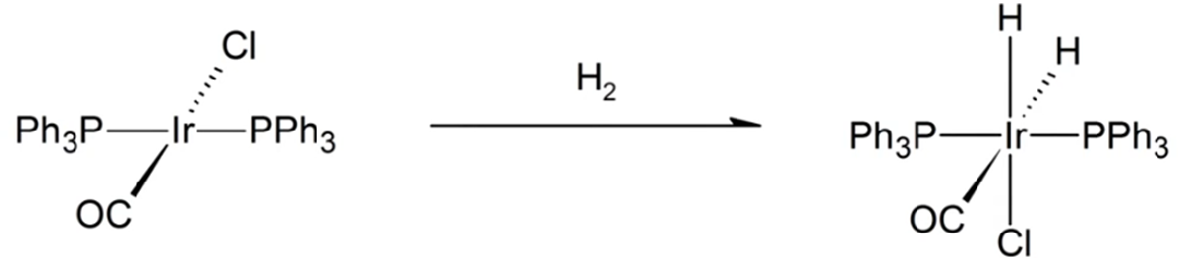 <p>What type of reaction is shown below?</p><p>a. Oxidative addition</p><p>b. Reductive elimination</p><p>c. Metathesis</p><p>d. Dissociation</p><p>e. Addition</p>