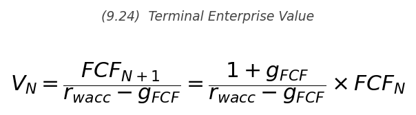 <p>V_N = \dfrac{FCF_{N+1}}{r_{\text{wacc}} - g_{FCF}} = \dfrac{FCF_N(1+g_{FCF})}{r_{\text{wacc}} - g_{FCF}}</p>