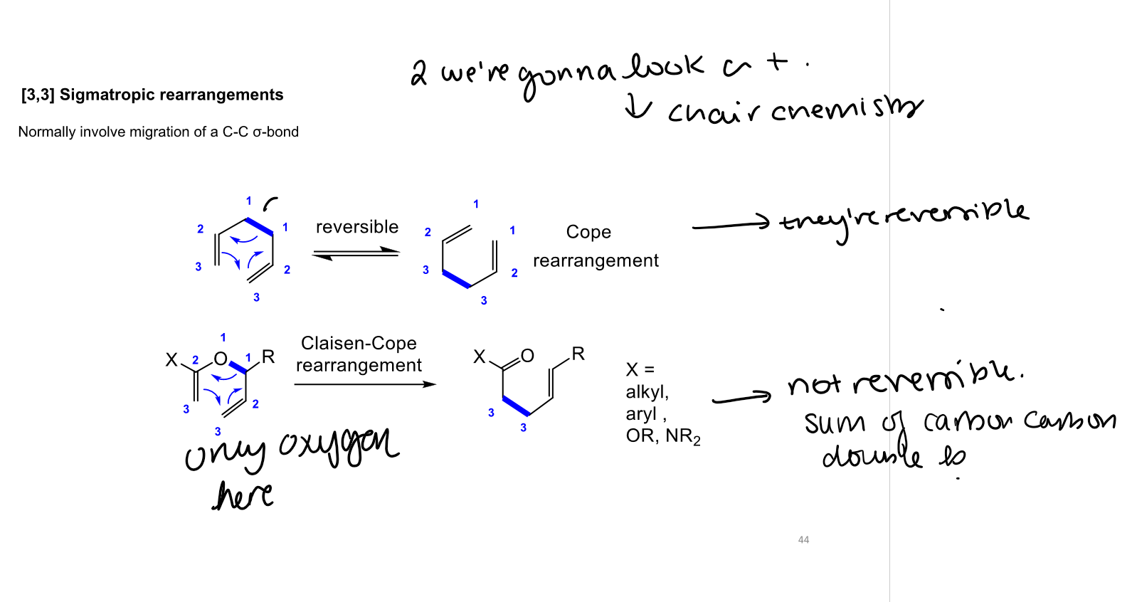 <p>A <strong>Claisen rearrangement contains an oxygen atom (allyl vinyl ether)</strong> and forms a <strong>carbonyl compound</strong>, making it <strong>usually irreversible</strong>, whereas a Cope rearrangement involves only carbon atoms and is generally reversible.</p>