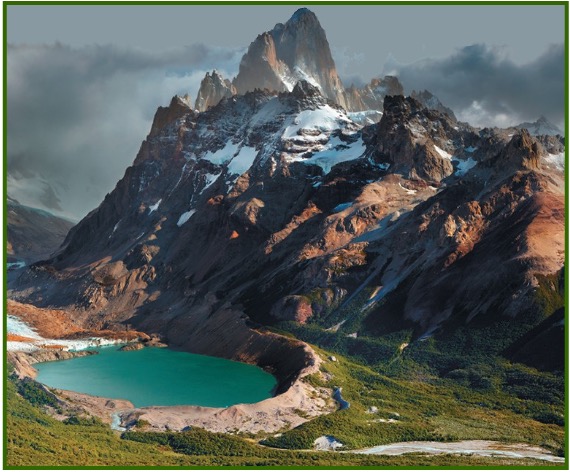 <p>Glacier - a large mass of ice on land or extending outward from land over sea </p><p></p><p>Snowline - a line of elevation, usually on a mountain, where snow remains year-round </p>