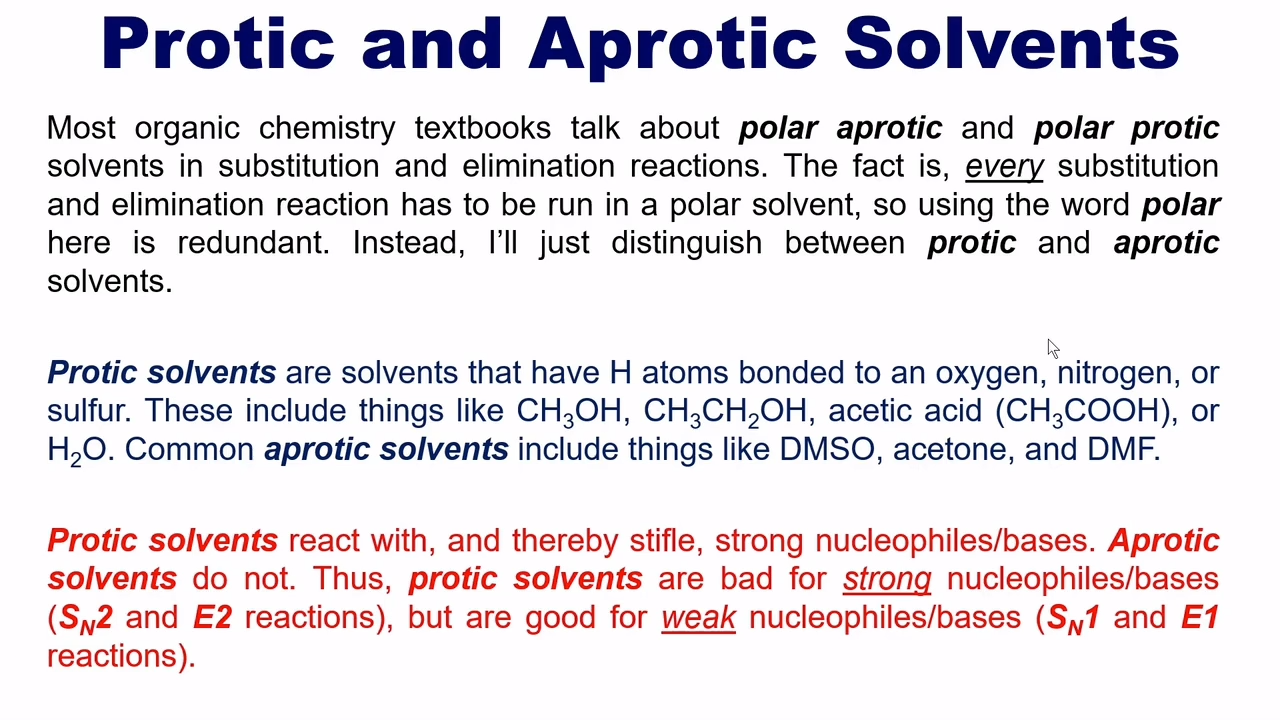 <p>they stifle strong nucleophiles/bases, which is good for SN1/E1, E2 does ok though</p>