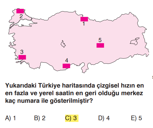 <p><strong>Çizgisel Hız:</strong> Ekvator'a en yakın olan yerde en fazladır. Haritada en güneydeki noktalar 3 ve 4'tür.</p><p>Hem en güneyde hem de en batıda olan nokta <strong>3</strong> numaralı merkezdir.</p>