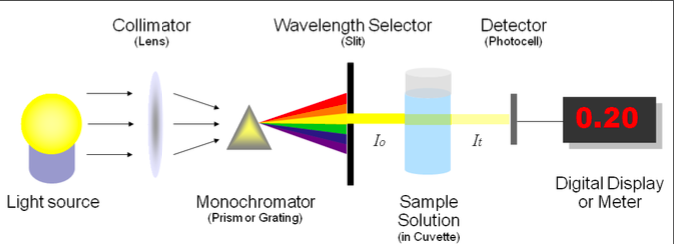 <ul><li><p>Used to measure the light transmitted by a solution to determine the concentration of the light-absorbing substance in the solution</p></li></ul><p></p>