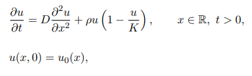 <ul><li><p>one-dimensional reaction-diffusion equation comprising a logistic growth term and standard diffusion</p></li><li><p>apply to any setting in which a population follows approximately logistic growth and moves randomly.</p></li></ul><p></p>