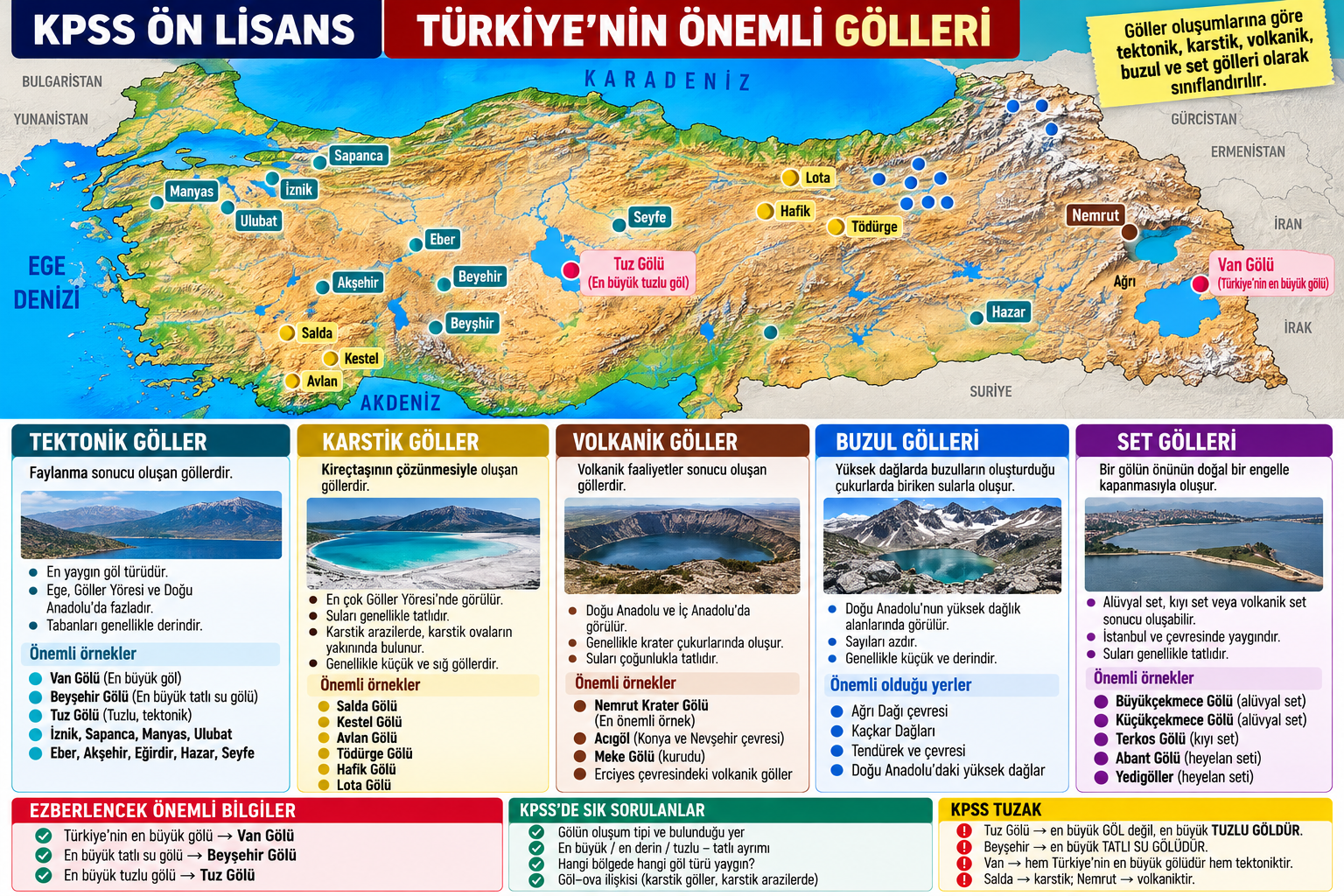 <p><span data-name="bullseye" data-type="emoji">🎯</span><strong> SON 4 GÜN İÇİN EZBERLE</strong></p><p><strong>Van → en büyük</strong><br><strong>Beyşehir → en büyük tatlı su</strong><br><strong>Tuz → tuzlu</strong><br><strong>Nemrut → volkanik</strong><br><strong>Salda → karstik</strong><br><strong>Sapanca–İznik–Manyas–Ulubat → tektonik</strong></p>