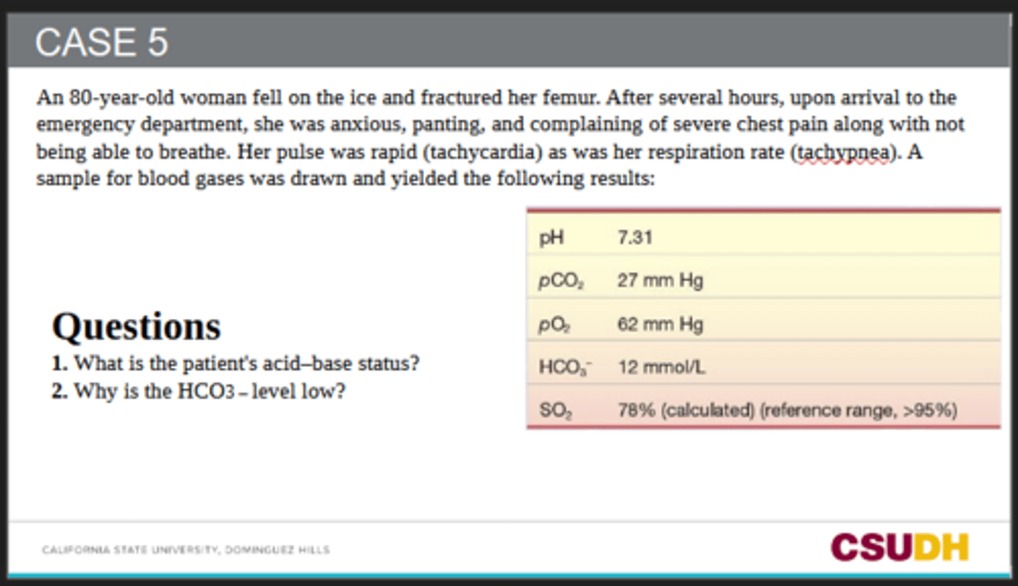 <p>1. What is the patient's acid-base status?</p><p>2. Why is the HCO3 - level low?</p>