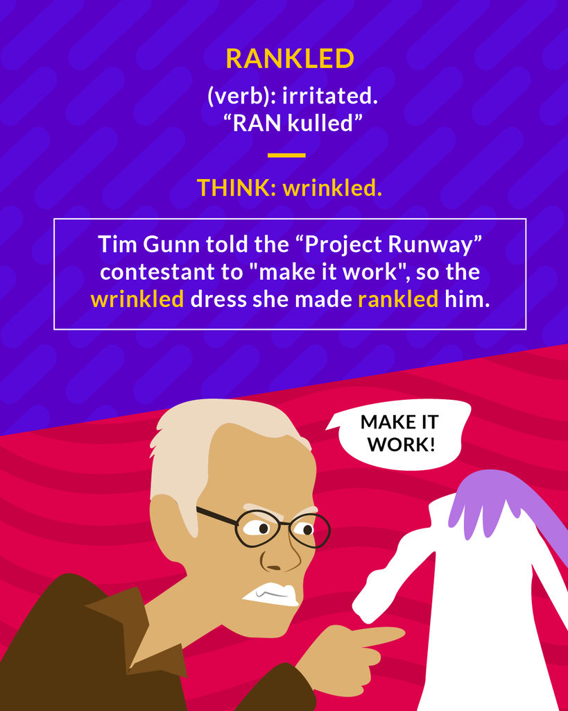 <p>(verb) to cause anger, irritation, or deep bitterness</p><p>(verb) irritated</p>