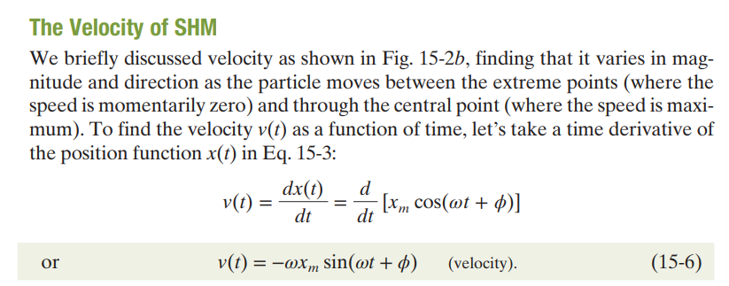 <p>By differentiating the trigonometric position function, we can obtain the velocity function for an object in SHM: </p><p></p><p>v(t) = -wx<sub>m</sub>sin(wt + phi)</p><p></p><p>Furthermore, we can realize that the maximum velocity obtained occurs whenever the sin function equals 1, so our maximum velocity is:</p><p></p><p>v<sub>max</sub> = -wx<sub>m</sub></p><p></p>