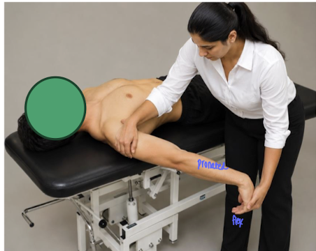 <p>A patient reports tingling and numbness in the UE. the therapist decides to perform an ULTT on the patient shown in the image below found to be positive. based on the findings which nerve root is MOST likely contributing to patient’s symptoms? </p><p>a. anterior interosseous </p><p>b. ulnar nerve </p><p>c. musculocutaneous nerve </p><p>d. radial nerve </p>