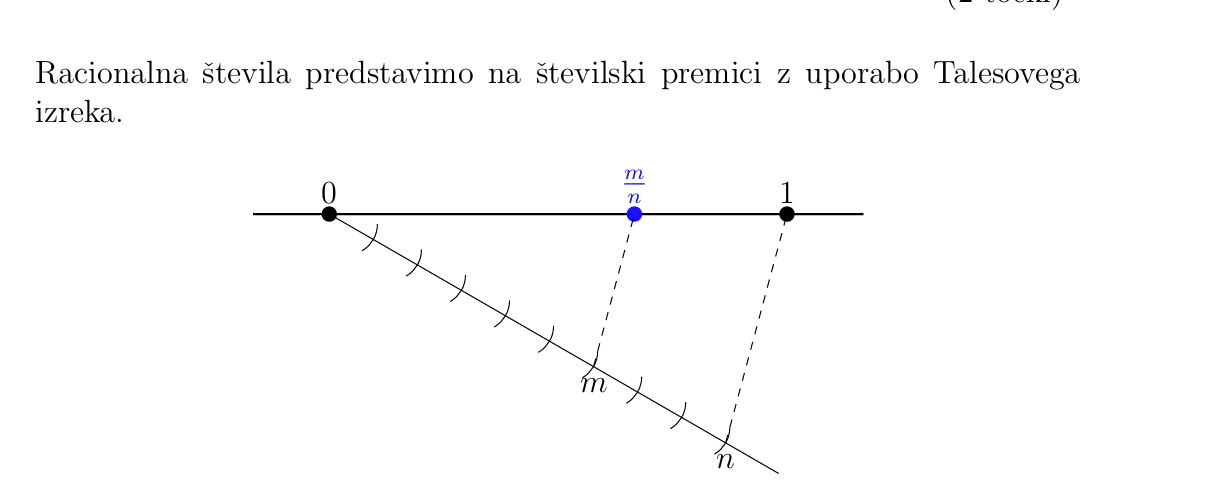 <p>racionalna stevila predstavimo na st premici z uporabo TALESOVEGA IZREKA </p><p>-iz tocke 0 narises pomozni poltrak, nanj s sestilom odmerimo <em>n</em> enako dolgih daljic</p><p>-narises premico skozi zadnjo tocko na poltraku in stevilom 1</p><p>-k premici narisemo vzporednico skozi <em>m</em>-to tocko na poltraku </p><p>-stevilo m/n predstavlja tocka ki je presecisce vzporednice in st premice</p>