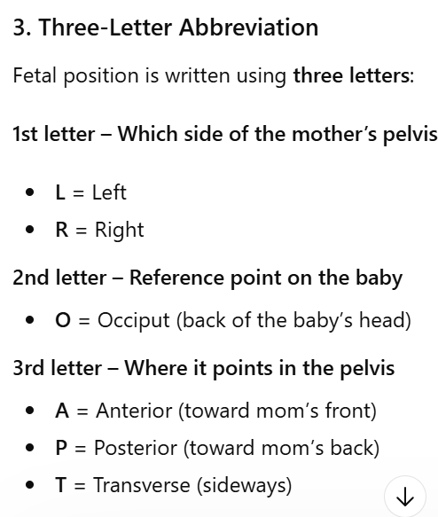 <p><strong> Fetal Position: </strong>relationship of a reference point on the</p><p>presenting part to the four quadrants of the mother’s</p><p>pelvis</p><p> Position is denoted by a three-part letter</p><p>abbreviation</p><ul><li><p>best position is LOA</p></li></ul><p><strong> Fetal Station:</strong> measure of the degree of descent of the</p><p>presenting part of the fetus through the birth canal</p><p><strong> Engagement: </strong>usually corresponds to 0 station</p>